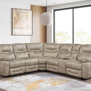 stone color reclining sectional sofa with plush cushions and corner wedge in living room