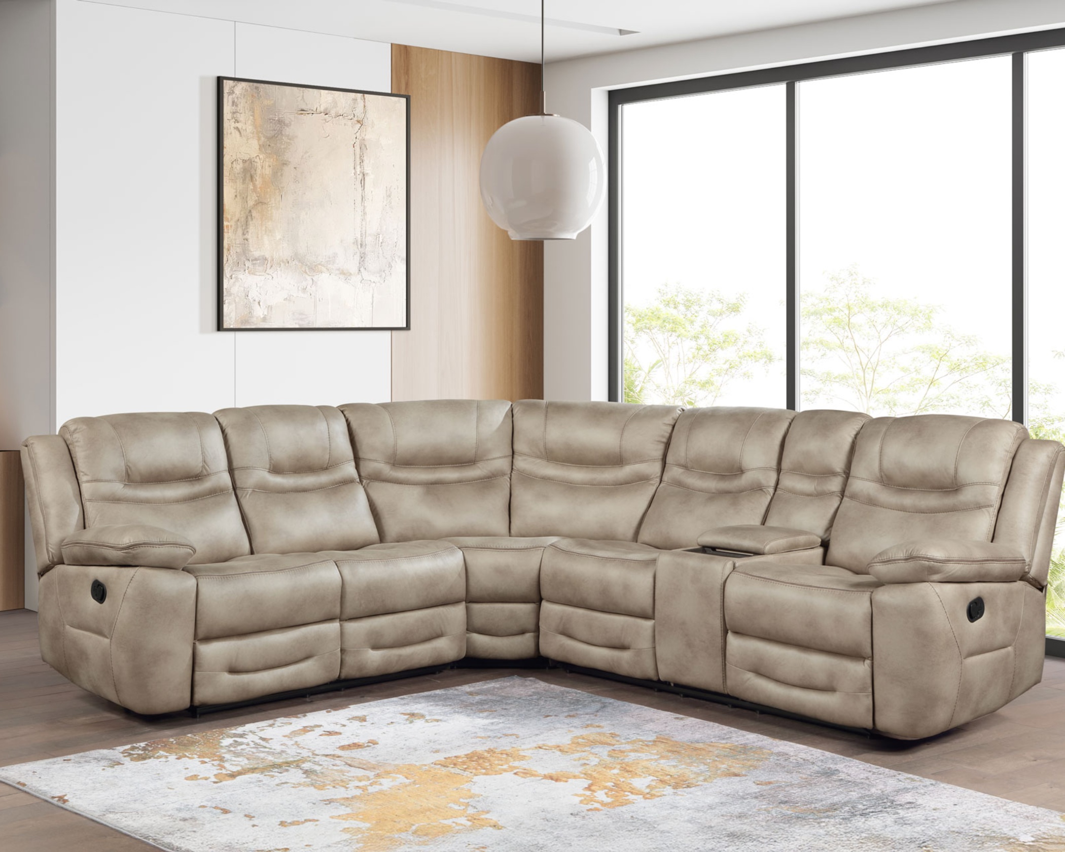 stone color reclining sectional sofa with plush cushions and corner wedge in living room