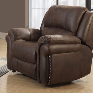 U0903 Chocolate recliner chair with leather-look upholstery, nailhead trim, and manual reclining function
