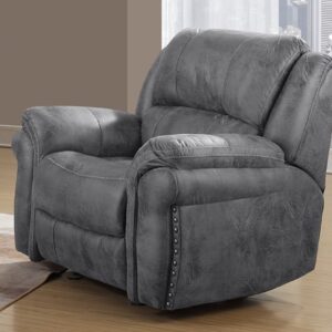 U0903 Grey recliner chair with leather-look upholstery, nailhead trim, and manual reclining feature