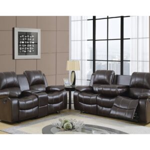 chocolate brown reclining sofa and loveseat set with plush cushions in living room