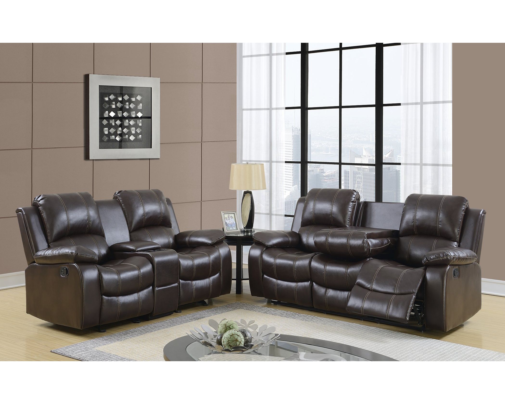 chocolate brown reclining sofa and loveseat set with plush cushions in living room