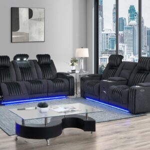 black reclining sofa set with LED lights, speakers, and console in modern living room