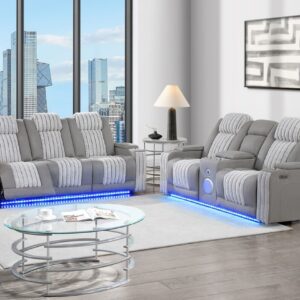 grey reclining sofa set with LED lights, speakers, and console in modern living room