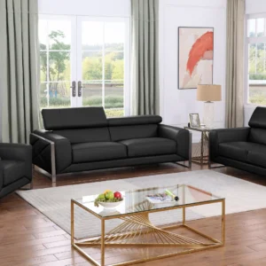 Modern black Italian leather living room set with adjustable headrests featuring sofa, loveseat, and chair in a contemporary luxury design
