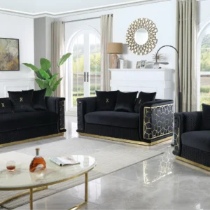 Black velvet living room set with gold geometric accents featuring sofa, loveseat, and chair in a luxury modern design