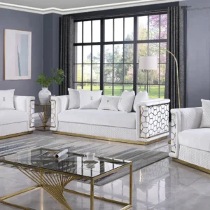 Modern white living room set with gold geometric accents featuring sofa, loveseat, and chair in a luxury contemporary design