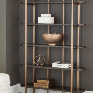 Modern arched metal bookcase with dark shelves and open contemporary design
