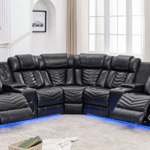 black reclining sectional with LED lights cup holders and padded seating