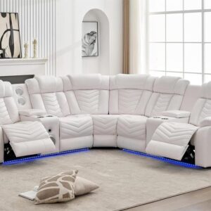 white reclining sectional with LED lights cup holders and padded seating