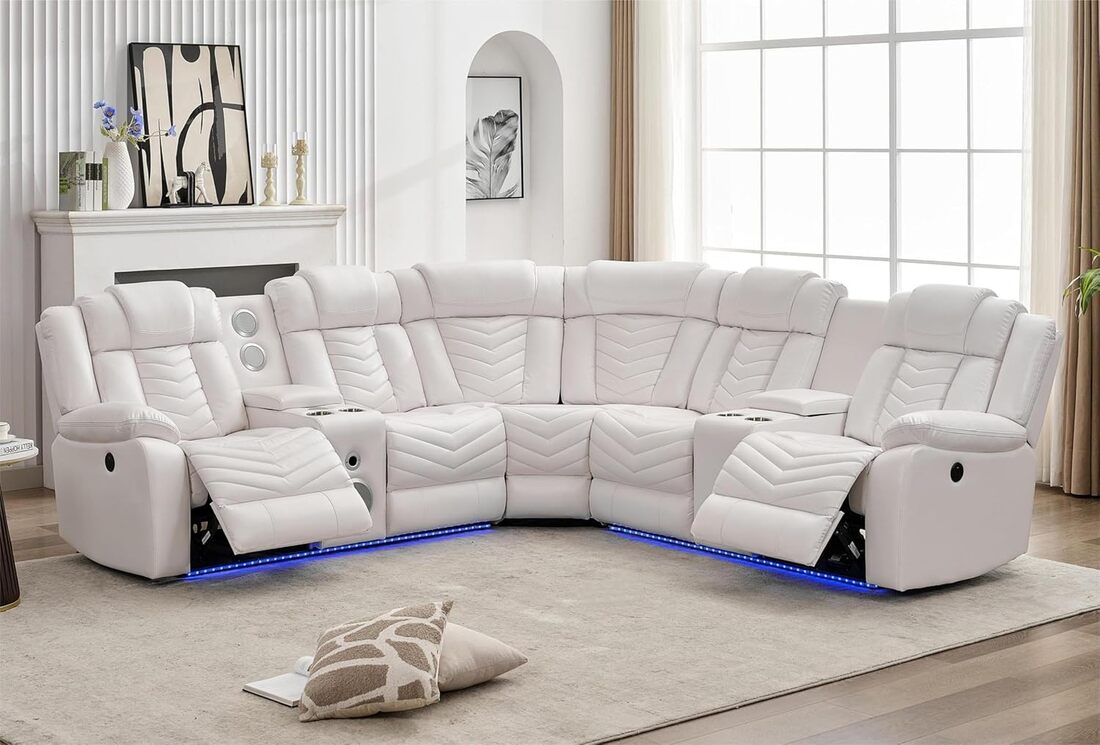 white reclining sectional with LED lights cup holders and padded seating