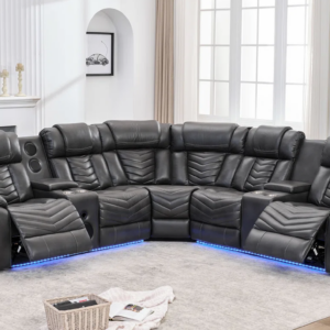 gray reclining sectional with LED lights cup holders and padded seating