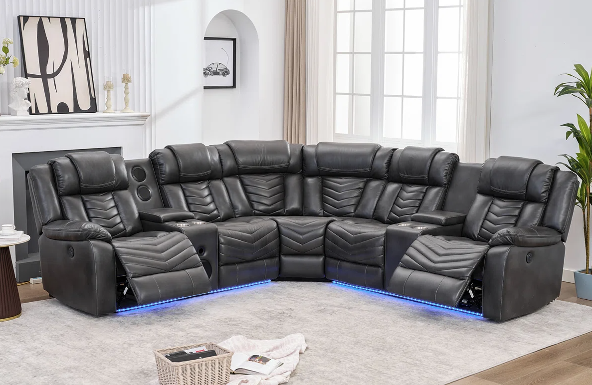 gray reclining sectional with LED lights cup holders and padded seating