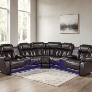 brown reclining sectional with LED lights cup holders and padded seating