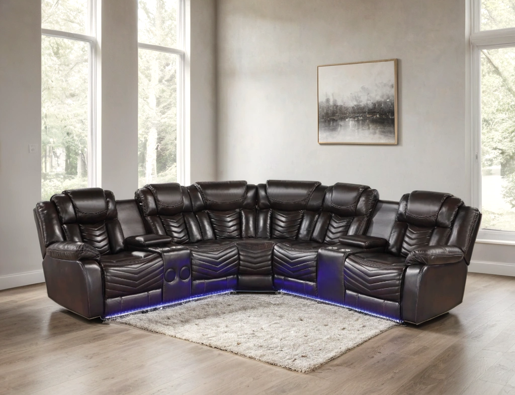 brown reclining sectional with LED lights cup holders and padded seating