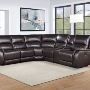 Alexandria reclining sectional sofa with console in dark brown leather-look upholstery