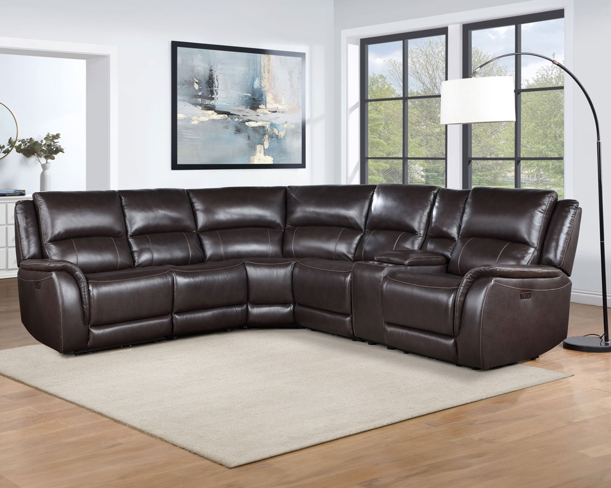 Alexandria reclining sectional sofa with console in dark brown leather-look upholstery