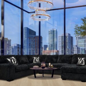 Alison Hugo Black sectional sofa with chaise in modern ribbed fabric upholstery