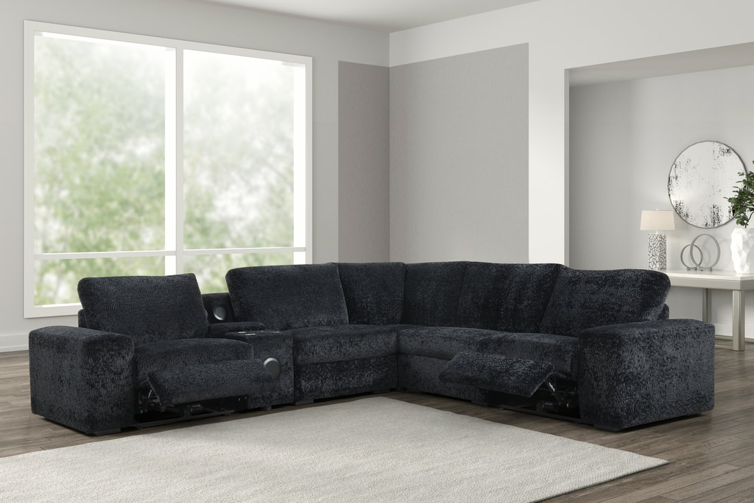 black power reclining sectional with bluetooth speakers and plush fabric
