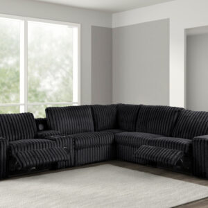 onyx black power reclining sectional with bluetooth speakers and plush fabric