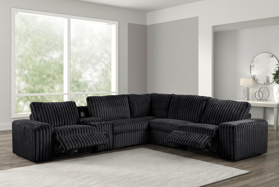 onyx black power reclining sectional with bluetooth speakers and plush fabric