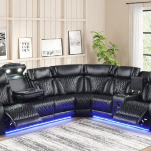 black power reclining sectional with LED lights power headrests and storage console