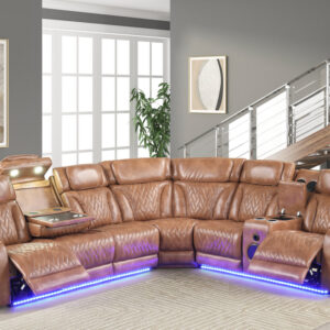 brown power reclining sectional with LED lights power headrests and storage console