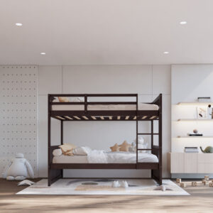 Twin over twin bunk bed in espresso wood finish with built-in ladder in modern kids bedroom