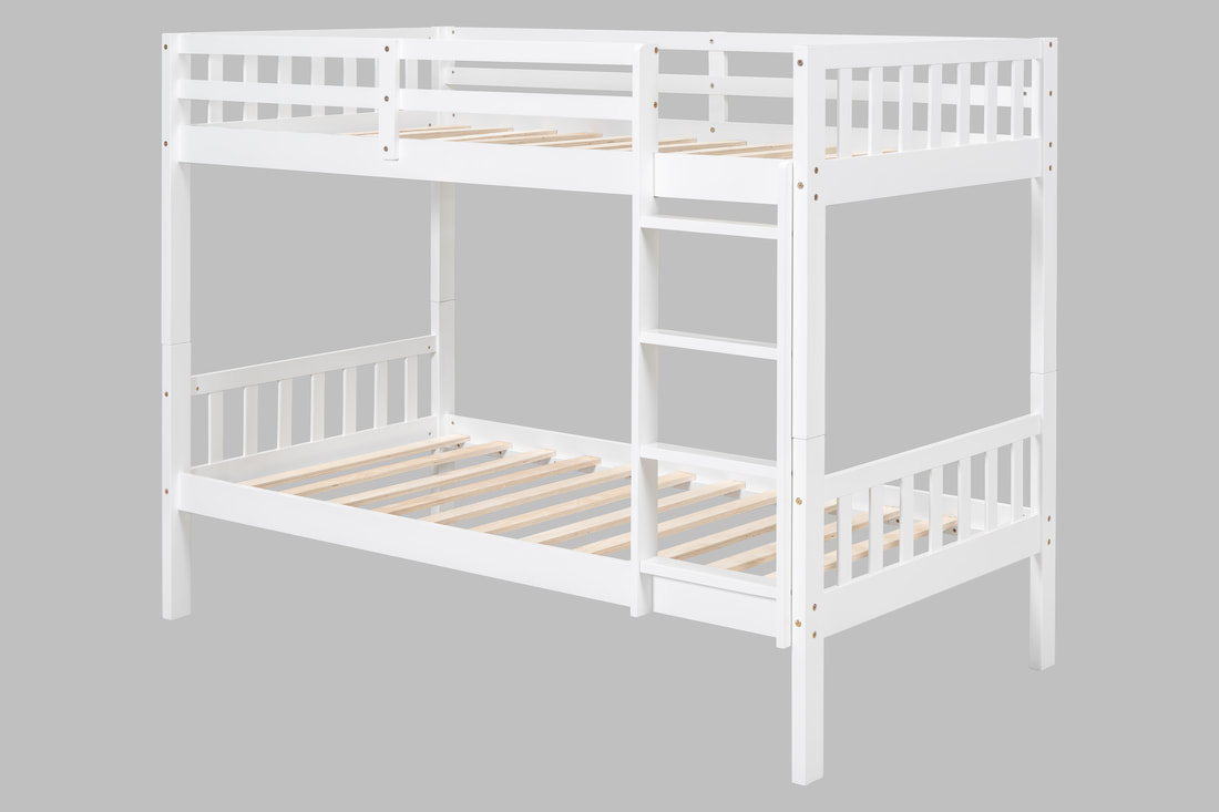 White twin over twin bunk bed with built-in ladder in modern kids bedroom