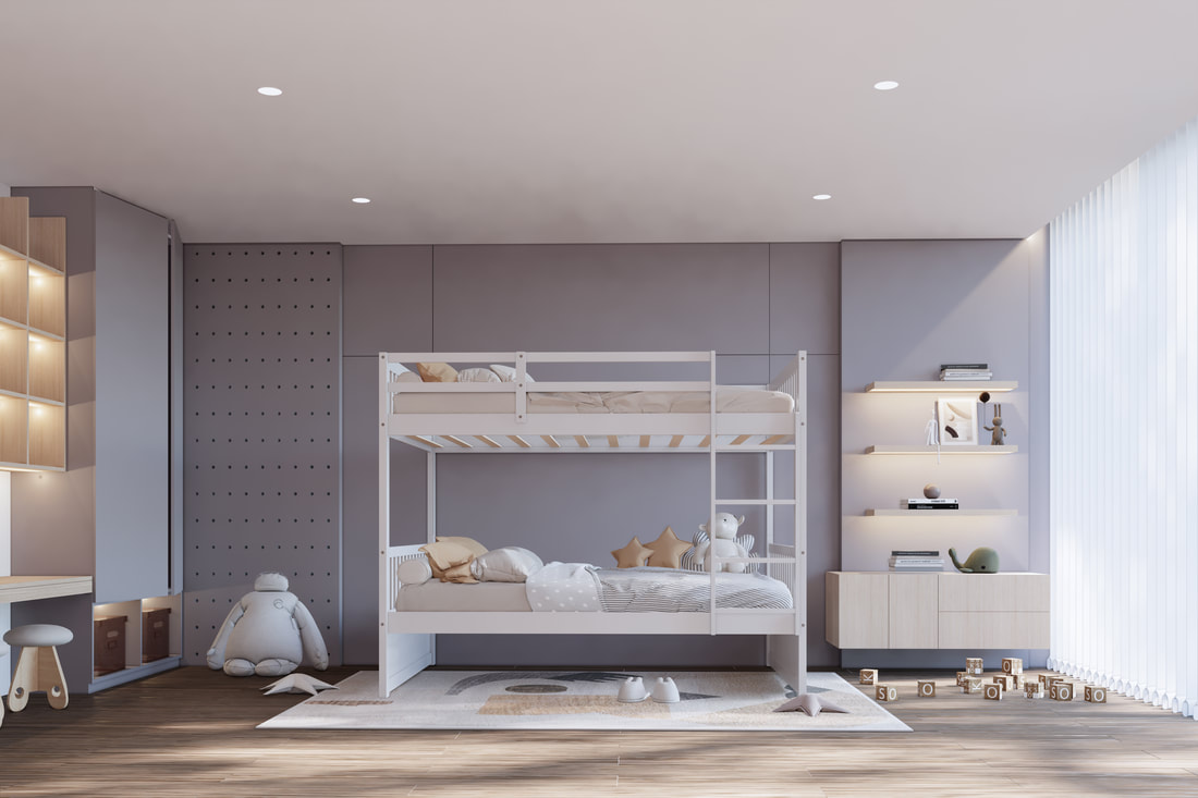 White twin over twin bunk bed with built-in ladder in modern kids bedroom