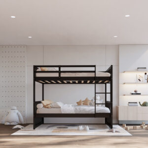 Black twin over twin bunk bed with built-in ladder in modern kids bedroom