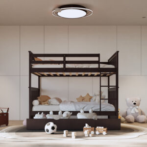 Full over full bunk bed in espresso finish with pull-out twin trundle in kids bedroom