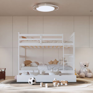 White full over full bunk bed with pull-out twin trundle in modern kids bedroom