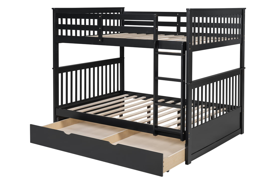 Black full over full bunk bed with pull-out twin trundle in modern kids bedroom