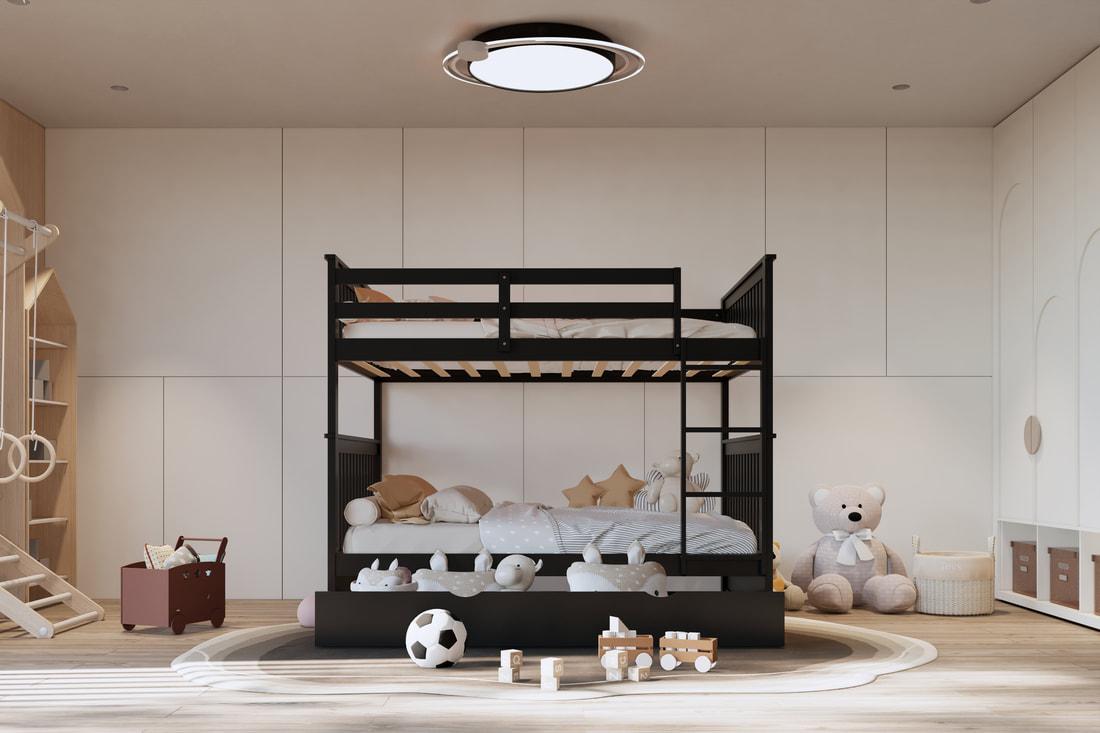 Black full over full bunk bed with pull-out twin trundle in modern kids bedroom
