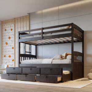 Twin over twin bunk bed in espresso finish with pull-out trundle and built-in storage drawers