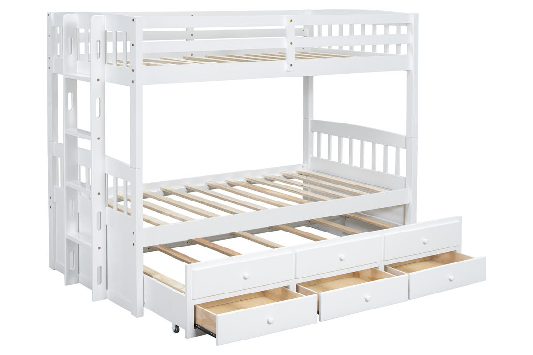 White twin over twin bunk bed with pull-out trundle and built-in storage drawers