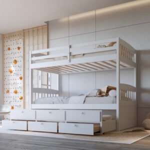 White twin over twin bunk bed with pull-out trundle and built-in storage drawers