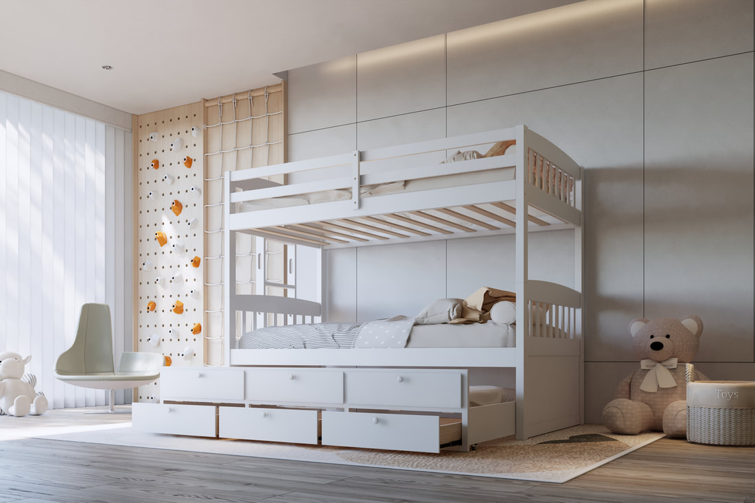 White twin over twin bunk bed with pull-out trundle and built-in storage drawers