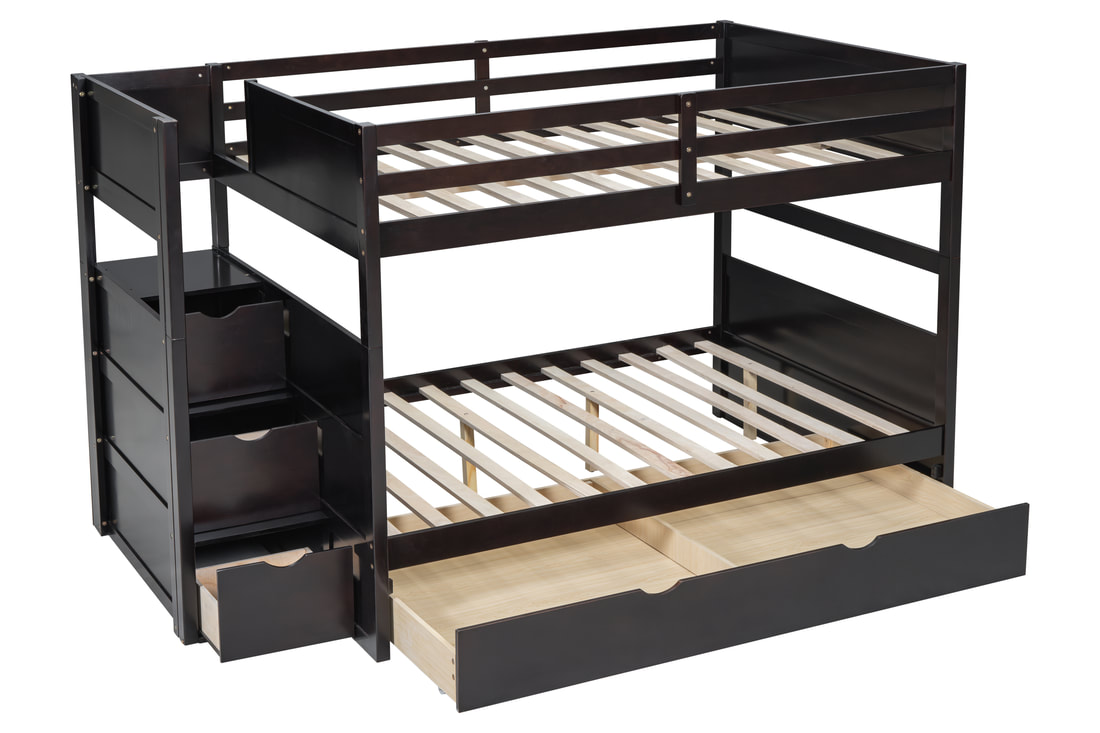 Full over full bunk bed with built-in staircase storage and pull-out twin trundle