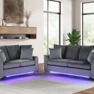 Modern charcoal gray sofa and loveseat set with LED lighting and plush velvet-style cushions