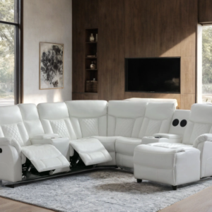white reclining sectional with cup holders and padded seating modern design