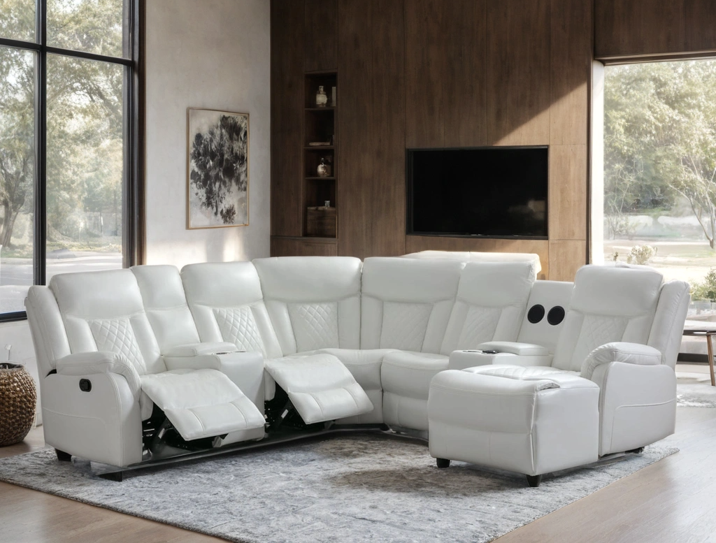 white reclining sectional with cup holders and padded seating modern design