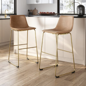 Brown upholstered counter height barstool with gold metal frame