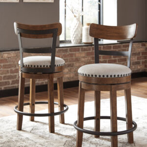 Rustic wood bar height swivel barstool with upholstered seat and metal footrest