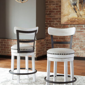 White farmhouse bar height swivel barstool with upholstered seat and nailhead trim