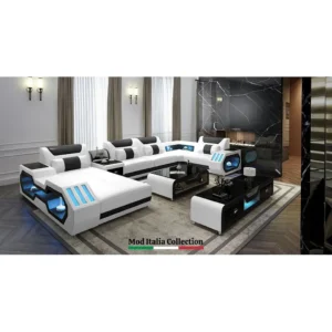 Modern white and black LED sectional sofa with futuristic design and chaise lounge