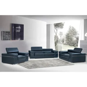 Modern black Italian leather match living room set with adjustable headrests featuring sofa, loveseat, and chair in a contemporary luxury design