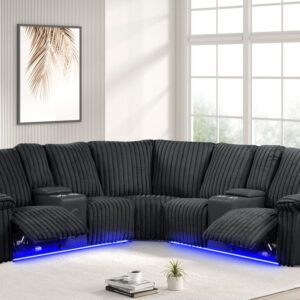 black power reclining sectional with LED lights and plush corduroy fabric