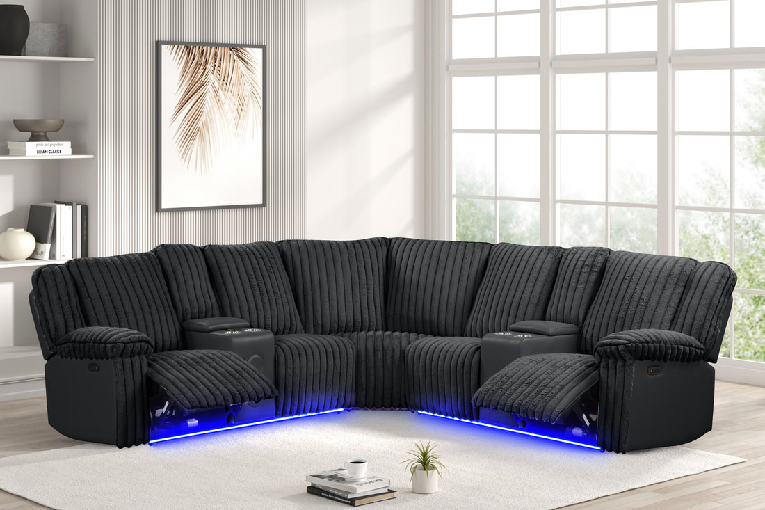 black power reclining sectional with LED lights and plush corduroy fabric